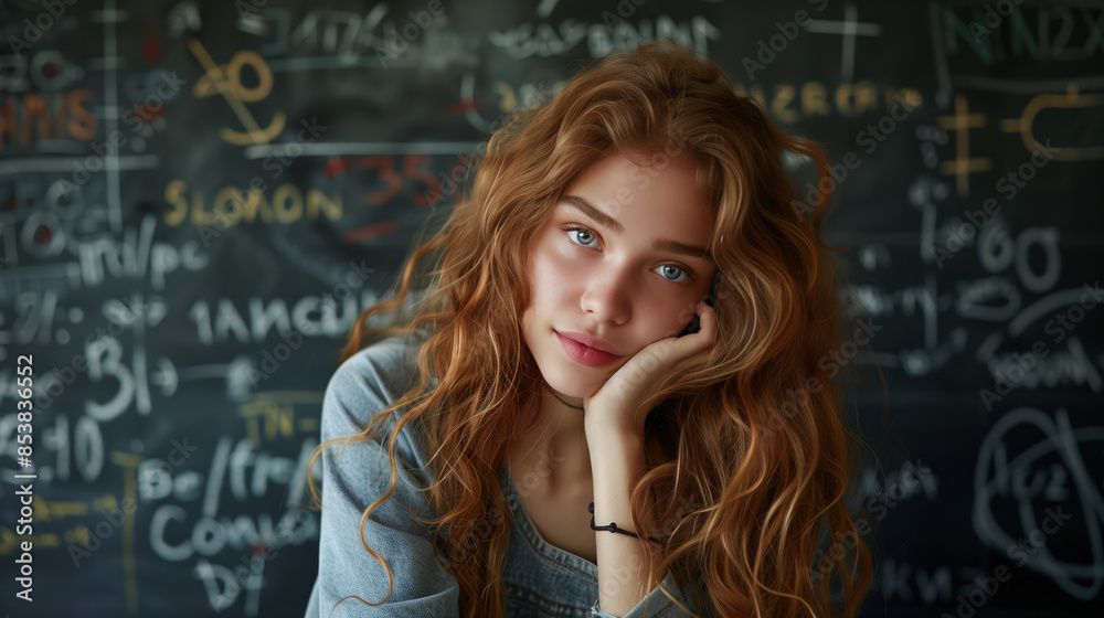 A beautiful girl is thinking in front of the blackboard with lots of physics equations A beautiful girl is thinking in front of the blackboard with lots of physics equations