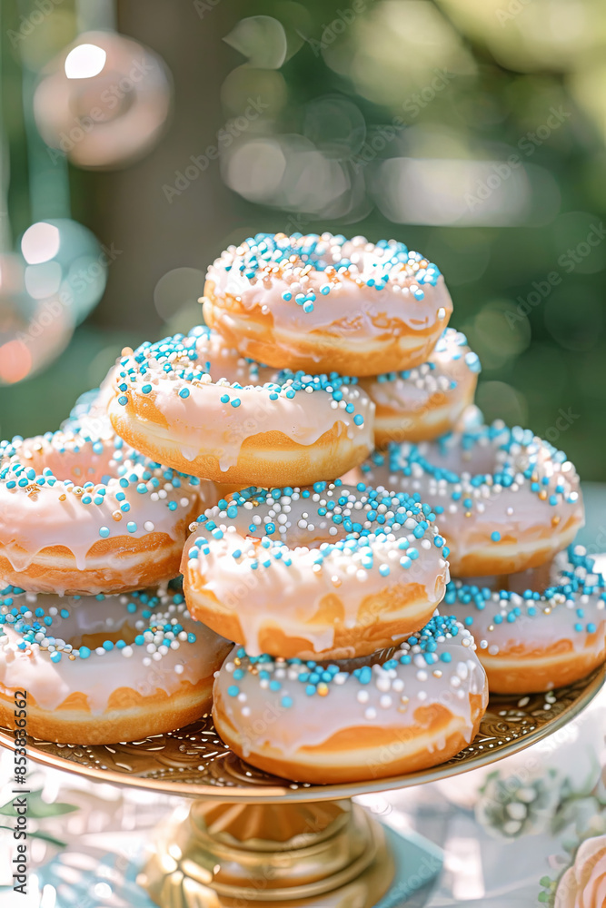 Blue and white sugar donuts stacked on a plate, in an outdoor garden party setting Blue and white sugar donuts stacked on a plate, in an outdoor garden party setting