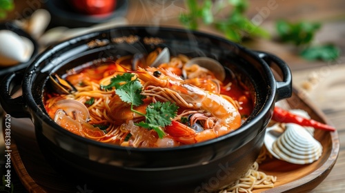 Chinese food, clay pot stewed shrimp and clams with glass noodles, retro style, high class feel, using natural light, dark colors. photo