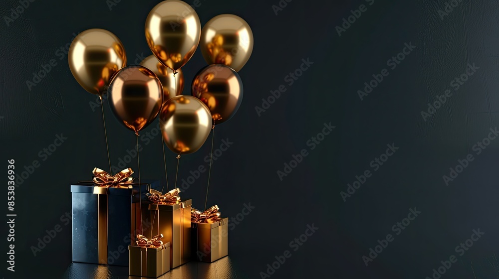 Gold gift boxes and colorful balloons on black background with empty space for product presentation, birthday party or holiday concept. Gold gift boxes and colorful balloons on black background with empty space for product presentation, birthday party or holiday concept.
