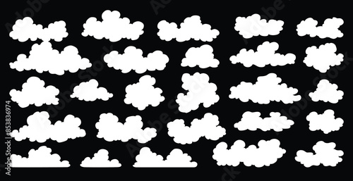Clouds icon collection. Abstract white cloudscape icon symbols. Various shapes in flat style. Vector cloudy design elements