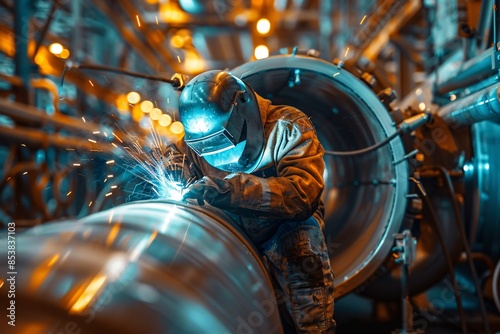 Man welding steel amongst pipes photo