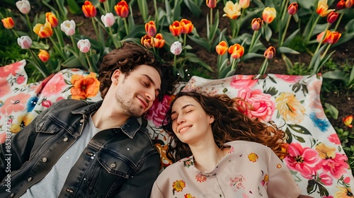 Couple Cuddling on Floral P...