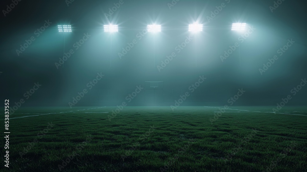 Fototapeta premium Misty Stadium Field Under Floodlights at Night, Generative AI