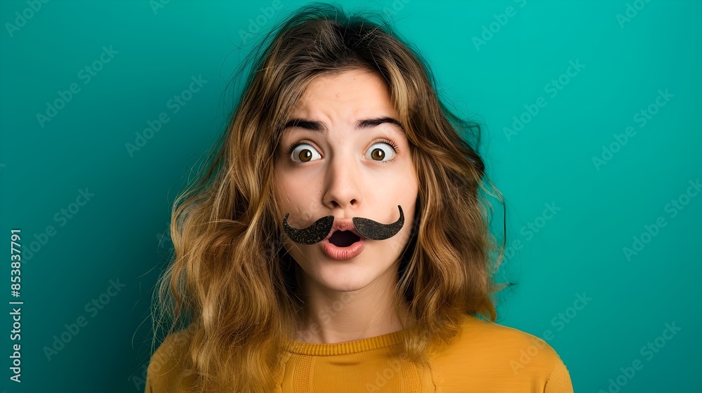 Comically Oversized Fake Mustache on a Surprised Young Model Against a Solid Green Background Comically Oversized Fake Mustache on a Surprised Young Model Against a Solid Green Background