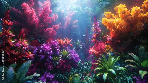 Vibrant underwater coral garden with colorful marine plants and flowers illuminated by soft sunlight, creating a serene aquatic landscape © chesleatsz