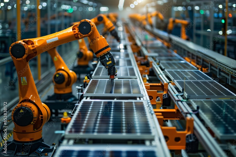 Factory robots assembling solar panels Factory robots assembling solar panels