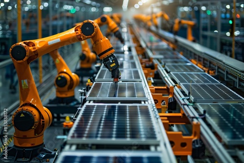 Factory robots assembling solar panels