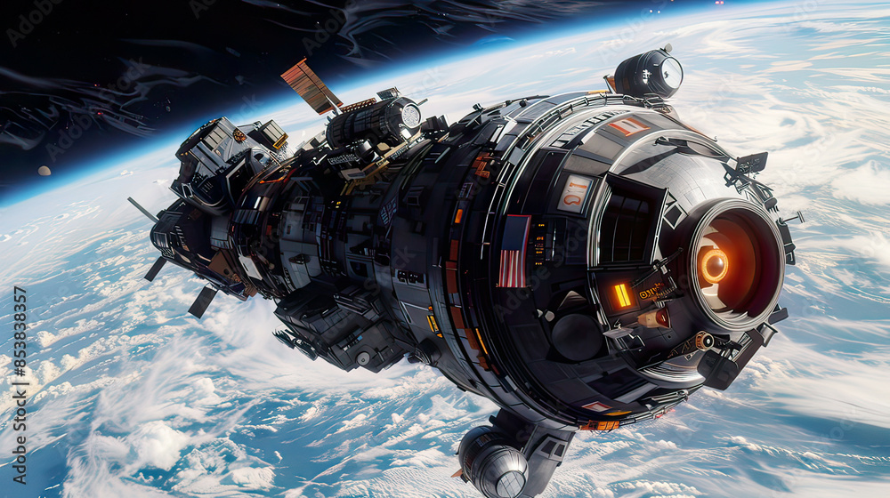 Hyper-realistic scene: Earth and spacecraft in orbit colors expansive cosmic backdrop immersive atmosphere clear focus. Hyper-realistic scene: Earth and spacecraft in orbit colors expansive cosmic backdrop immersive atmosphere clear focus.