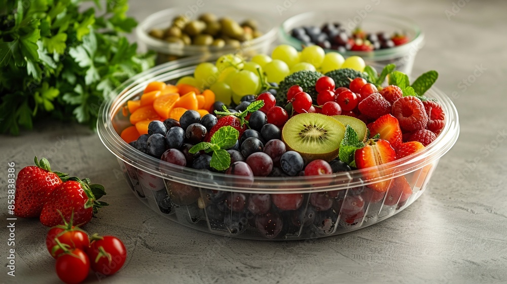 Circular food container mockup containing assorted fresh fruits and veggies, clean area for branding or design, neutral backdrop, photorealistic, detailed 8K , high-resolution, ultra HD,up32K HD