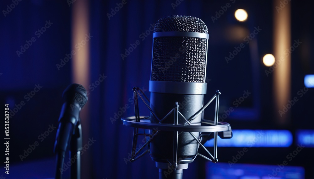 Professional microphone in recording studio, podcast broadcasting studio microphone with neon lights background. Studio condenser microphone, banner with copy space Professional microphone in recording studio, podcast broadcasting studio microphone with neon lights background. Studio condenser microphone, banner with copy space