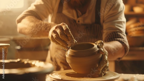 An elderly artisan meticulously crafting pottery in a warm, well-lit workshop. Focused and passionate. AIG58
