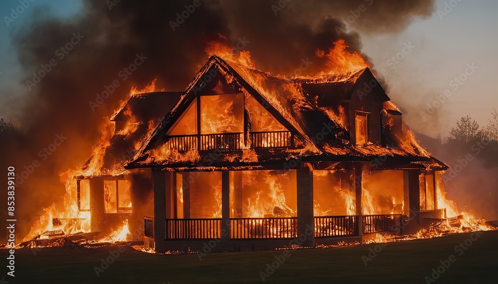 A miniature model of a detached house. fire. burning house.