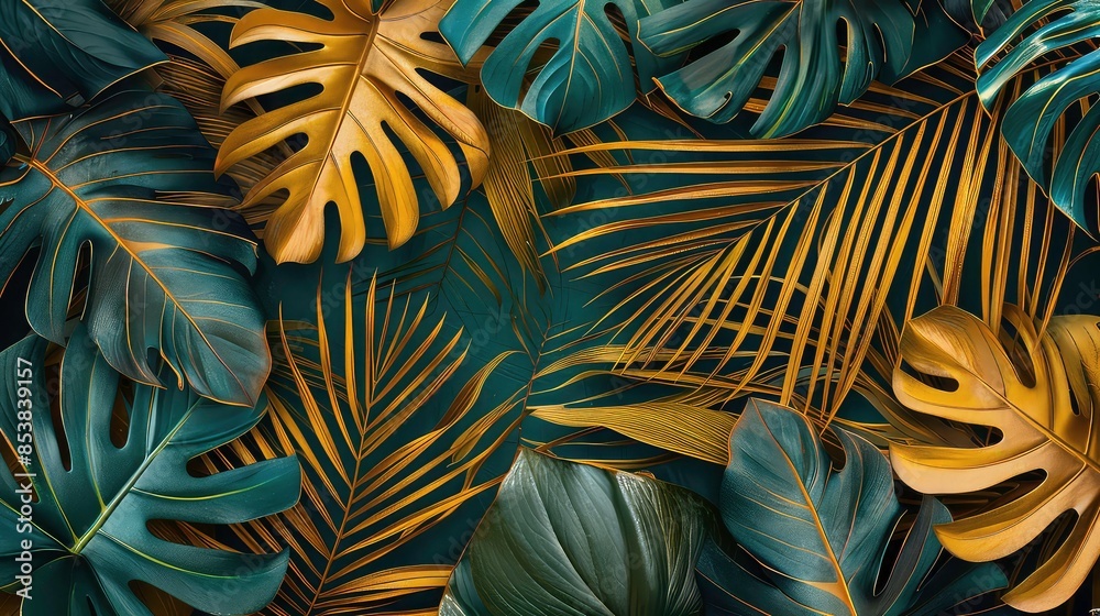 Pattern leaf background green plant tree abstract palm floral wallpaper flower foliage art jungle. Background luxury leaf pattern texture design line summer gold nature monstera fabric golden leaves.