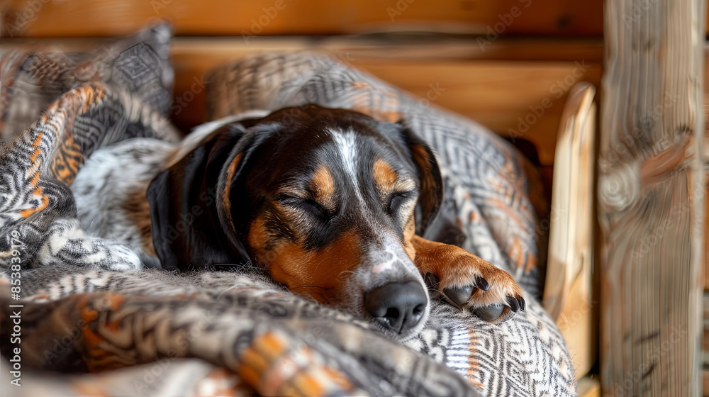 Mixed breed dog sleeping on a comfy blanket in a cabin Mixed breed dog sleeping on a comfy blanket in a cabin