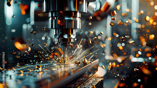 Hyper-realistic view of a CNC milling machine at work intricate details of the cutting process vivid metal shavings bright and intense lighting advanced