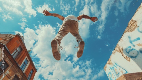 Skateboarder mid air graffiti wall photo