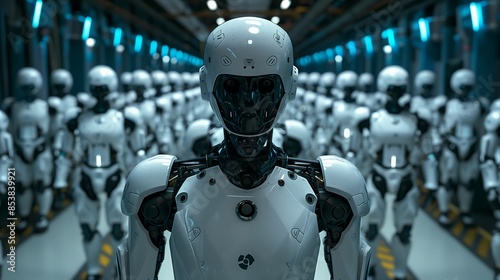 A line of white humanoid robots with black details, in the background is an industrial hall full of dark blue lights and robot soldiers on both sides, futuristic scifi style, cinematic © ifoto