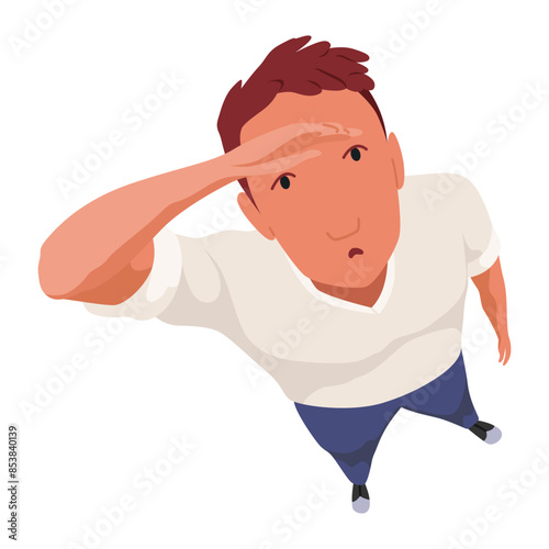 Overhead people looking up. Surprised man character watching, staring, top down view. Cartoon vector illustration