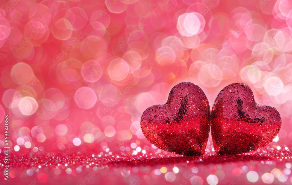 Fototapeta premium Valentine's Day background with two red hearts on a pink glitter background, copy space concept for a love message or romantic message
