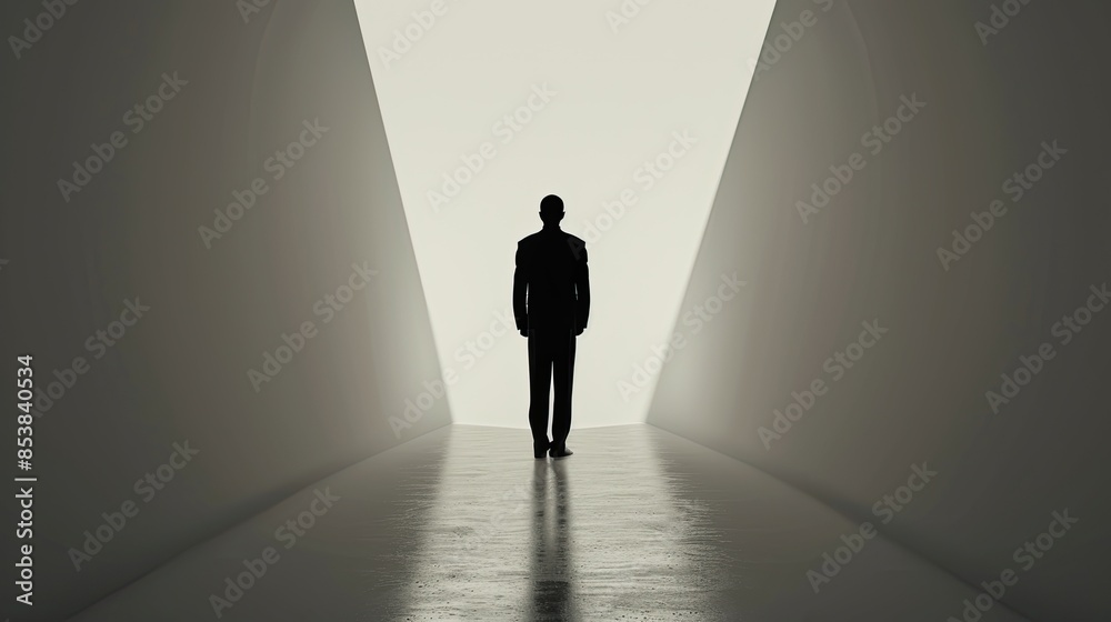 Silhouette of a person walking through a corridor of light, symbolizing journey and introspection Silhouette of a person walking through a corridor of light, symbolizing journey and introspection