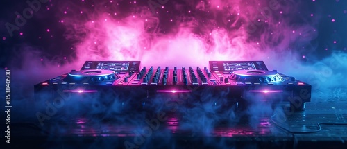 DJ performing with neon lights reflecting off the equipment, foggy atmosphere, vibrant pink and blue tones, high detail, energetic club setting 8K , high-resolution, ultra HD,up32K HD