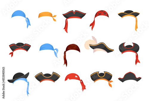 Pirate mask set. Cartoon face decoration - hat and bandana. Party accessories, head costume concept. Decoration items for your selfie photo, video chat filter or photo booth