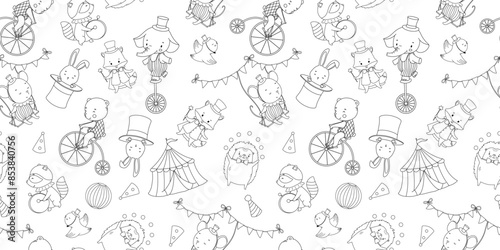 Seamless pattern with outline cute baby circus animals, bear on bicycle on white background. Hand drawn repeat backdrop for nursery, kids and baby.