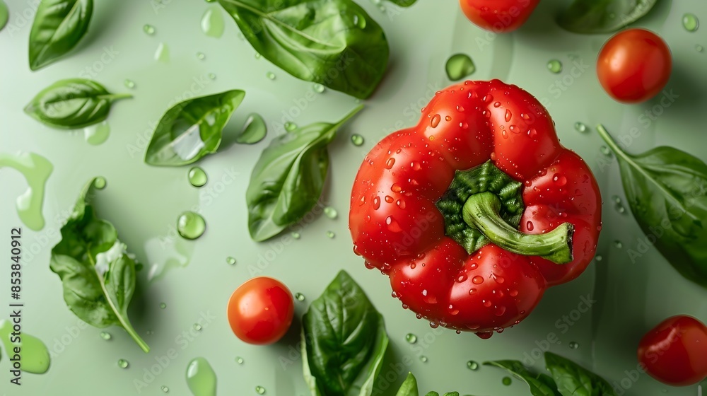 Fresh Red Capsicum with Dewy Leaves on Green Background Fresh Red Capsicum with Dewy Leaves on Green Background