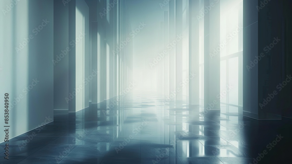 Bright, ethereal corridor with reflective surfaces and soft light, creating a sense of mystery and tranquility Bright, ethereal corridor with reflective surfaces and soft light, creating a sense of mystery and tranquility