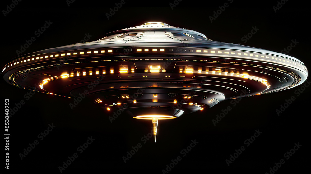 Hyper-realistic view of a UFO with a clipping path intricate details of the design and metallic surface floating in mid-air advanced and futuristic appearance Hyper-realistic view of a UFO with a clipping path intricate details of the design and metallic surface floating in mid-air advanced and futuristic appearance