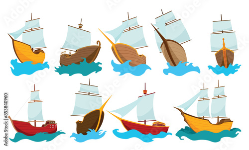 Collection of yachts, sailboats or sailing ships. Cruise travel company icons design. Stylized cartoon pirate ship. Vector old vessels
