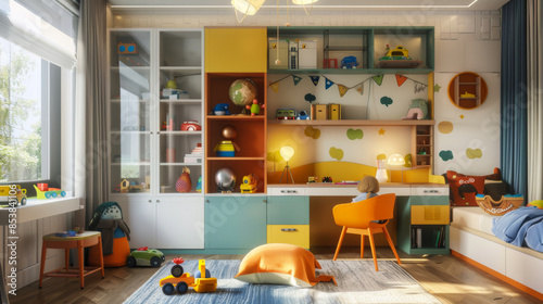 Modern interior of a children's room with many toys, a children's table. Happy childhood concept, design.