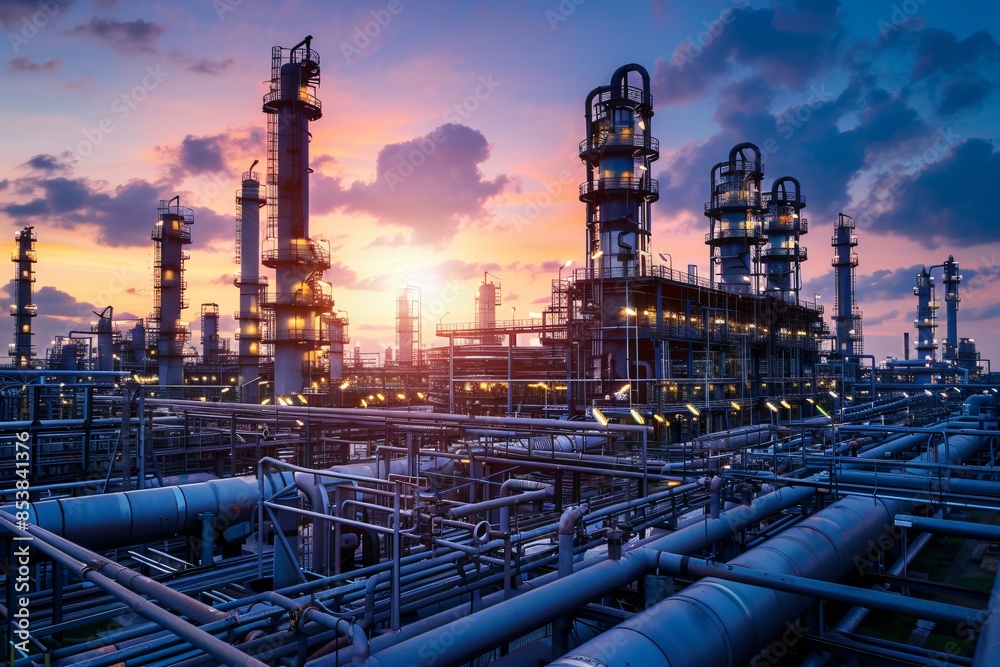 Close-up of industrial plant with numerous pipes