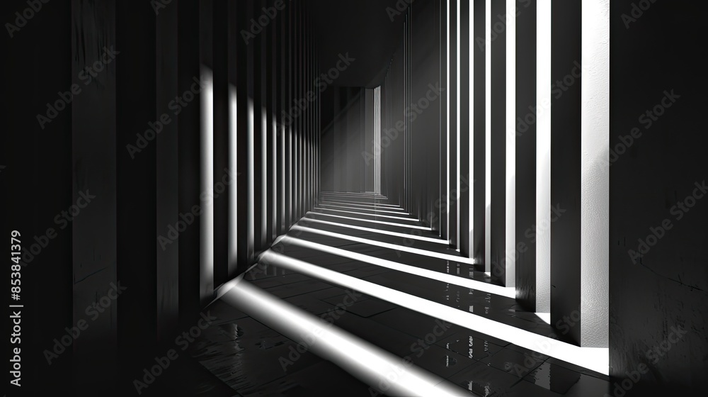 Moody black and white corridor with dramatic shadows and light, creating a sense of mystery and depth