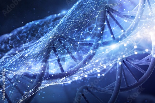 Spiral DNA double helix structure on blue background.