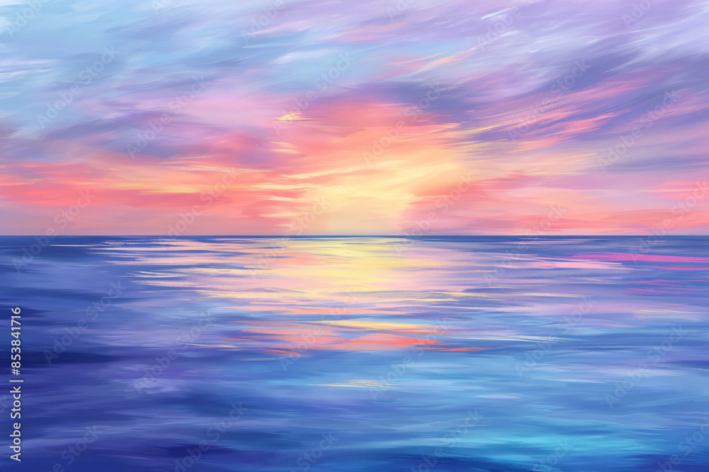 Fototapeta premium Tranquil and serene ocean sunset digital illustration with calm waters, vibrant sky, peaceful scene, colorful nature, soothing seascape, and soft light for desktop wallpaper and background