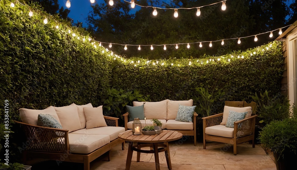 Fototapeta premium A contemporary outdoor lounge with modular seating, fire pit, and string lights
