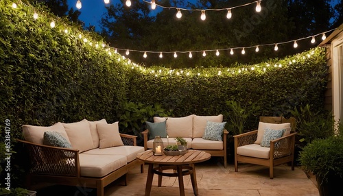 A contemporary outdoor lounge with modular seating, fire pit, and string lights