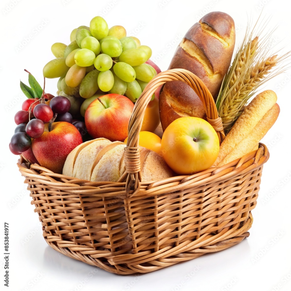 Bread and Fruit Basket for a Delicious Breakfast Isolated on white background Bread and Fruit Basket for a Delicious Breakfast Isolated on white background