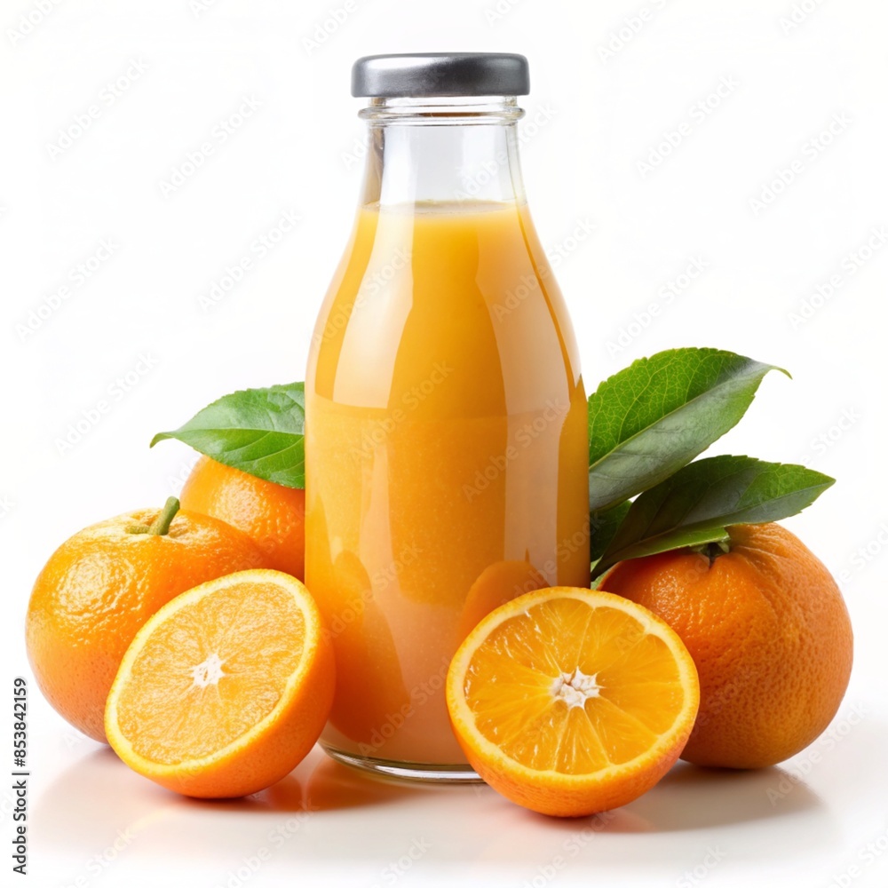 bottle of orange juice and fruit on white background bottle of orange juice and fruit on white background