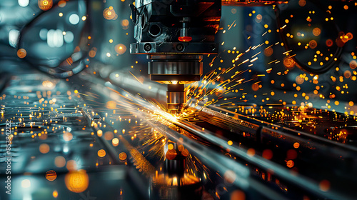 Hyper-realistic view of CNC laser cutting metal intense sparks modernbackdrop sharp and precise lighting intricate details high-tech  photo