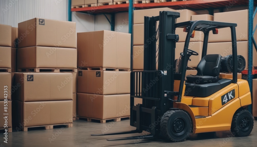 Yellow forklift in a large warehouse with rows of stacked boxes, exemplifying industrial efficiency and logistics Yellow forklift in a large warehouse with rows of stacked boxes, exemplifying industrial efficiency and logistics