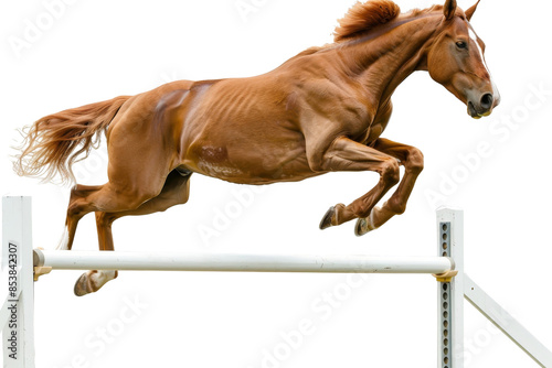 A brown horse majestically jumps over a white hurdle in mid-air showcasing agility and grace in an equestrian jumping event.