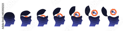 Blue open mind business people head set with gear, cogwheel. 3d idea concept illustration to use for business, logical thinking, open mind, idea concept projects. 