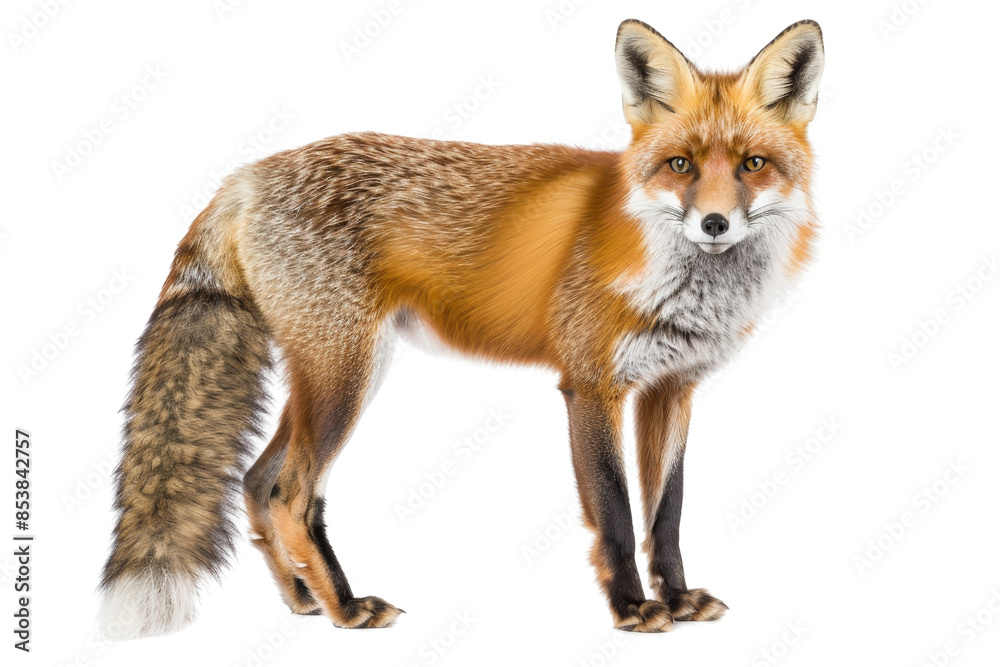 A majestic red fox standing tall, showcasing its beautiful fur and alert expression, isolated on a transparent background.