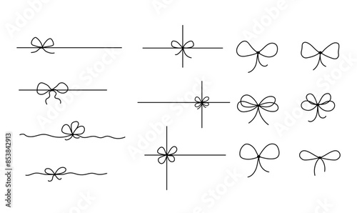 Gift bow line set. Ribbon with knot doodle, vector drawing. Outline minimal tie hand drawn sketch isolated on white