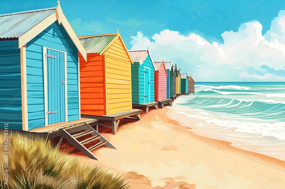Colorful beach huts line a sandy beach, with waves lapping at the shore, under a bright, sunny sky with soft clouds Colorful beach huts line a sandy beach, with waves lapping at the shore, under a bright, sunny sky with soft clouds