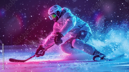 Hockey player in neon action with vibrant splash