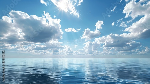 Calm lake surrounded by lush foliage and reflected clouds in a vibrant blue sky, creating a peaceful landscape